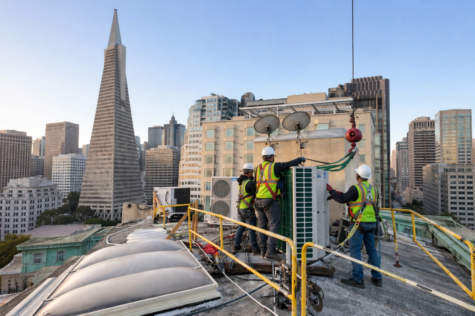 3rdGen crew rigging commercial rooftop mechanical equipment above downtown San Francisco.